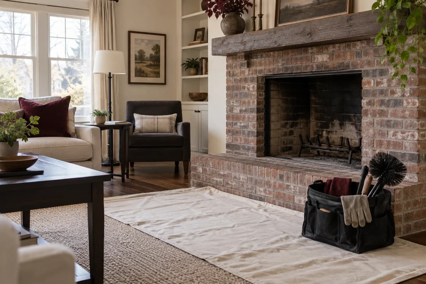 AI illustration of a hearth prepared for a chimney service appointment